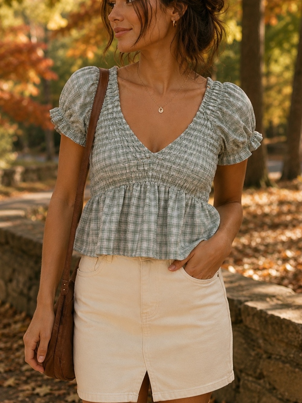 LA Hearts Smocked Plaid Peplum Top Sage Green Puff Sleeve Cropped Women’s S